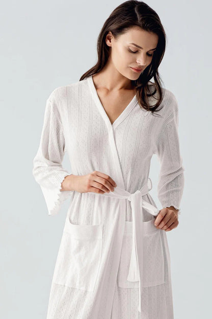 Women's Ecru Long-Sleeve Crochet-Detail 100% Cotton Robe