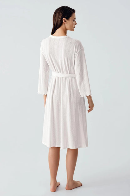 Women's Ecru Long-Sleeve Crochet-Detail 100% Cotton Robe