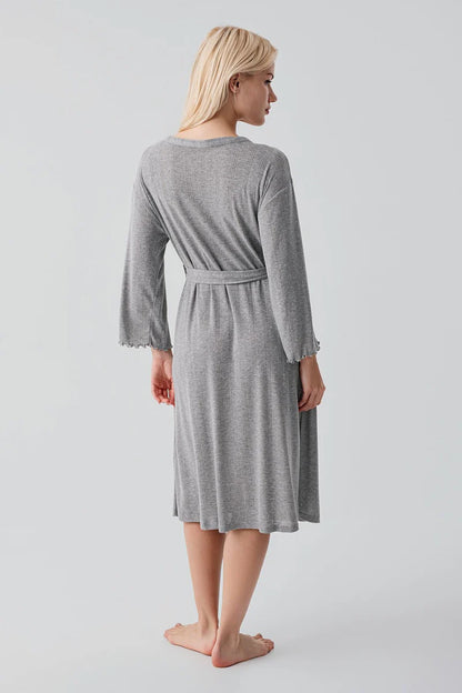 100% Turkish Cotton Crochet-Detail Robe for Women Long-Sleeve - Gray Melange