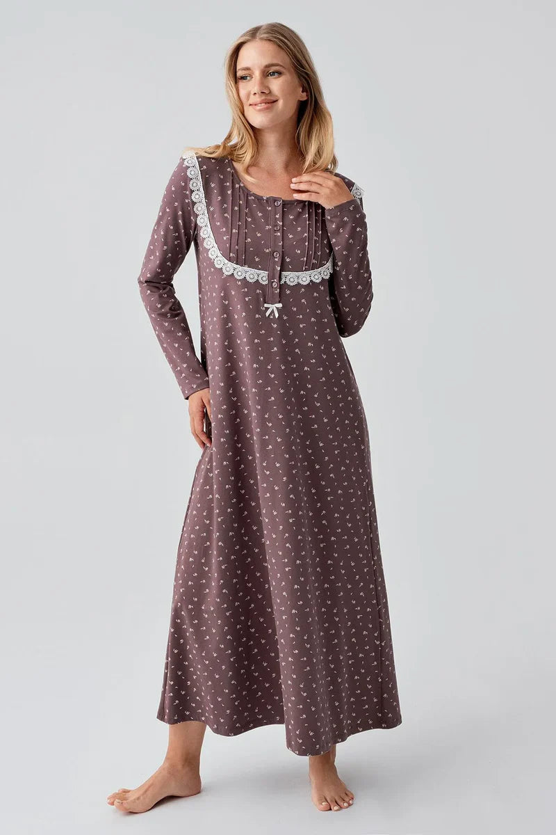 Long Cotton Nightgown for Women Long-Sleeve Patterned Buttoned - Brown