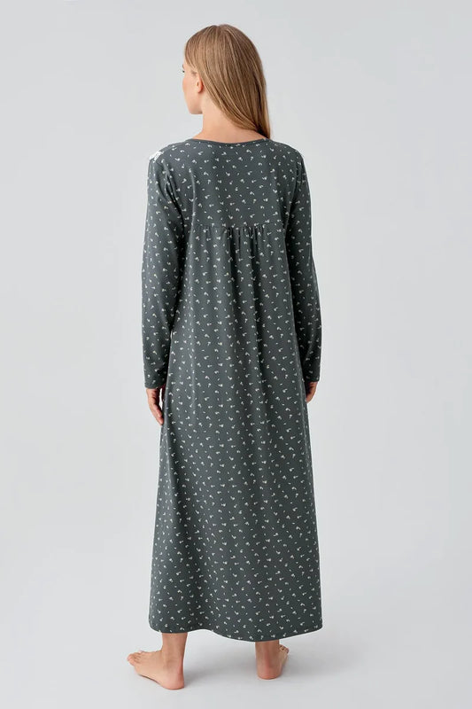 Long Cotton Nightgown for Women Long-Sleeve, Crew-Neck Patterned Buttoned Comfortable - Green