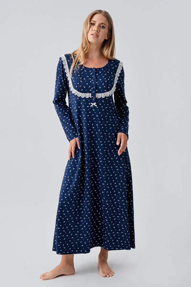 Women's Navy Blue Long-Sleeve Patterned Buttoned Flexible Cotton Nightgown