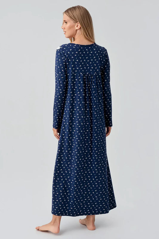 Women's Navy Blue Long-Sleeve Patterned Buttoned Flexible Cotton Nightgown