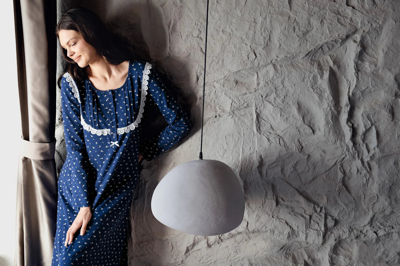 Women's Navy Blue Long-Sleeve Patterned Buttoned Flexible Cotton Nightgown