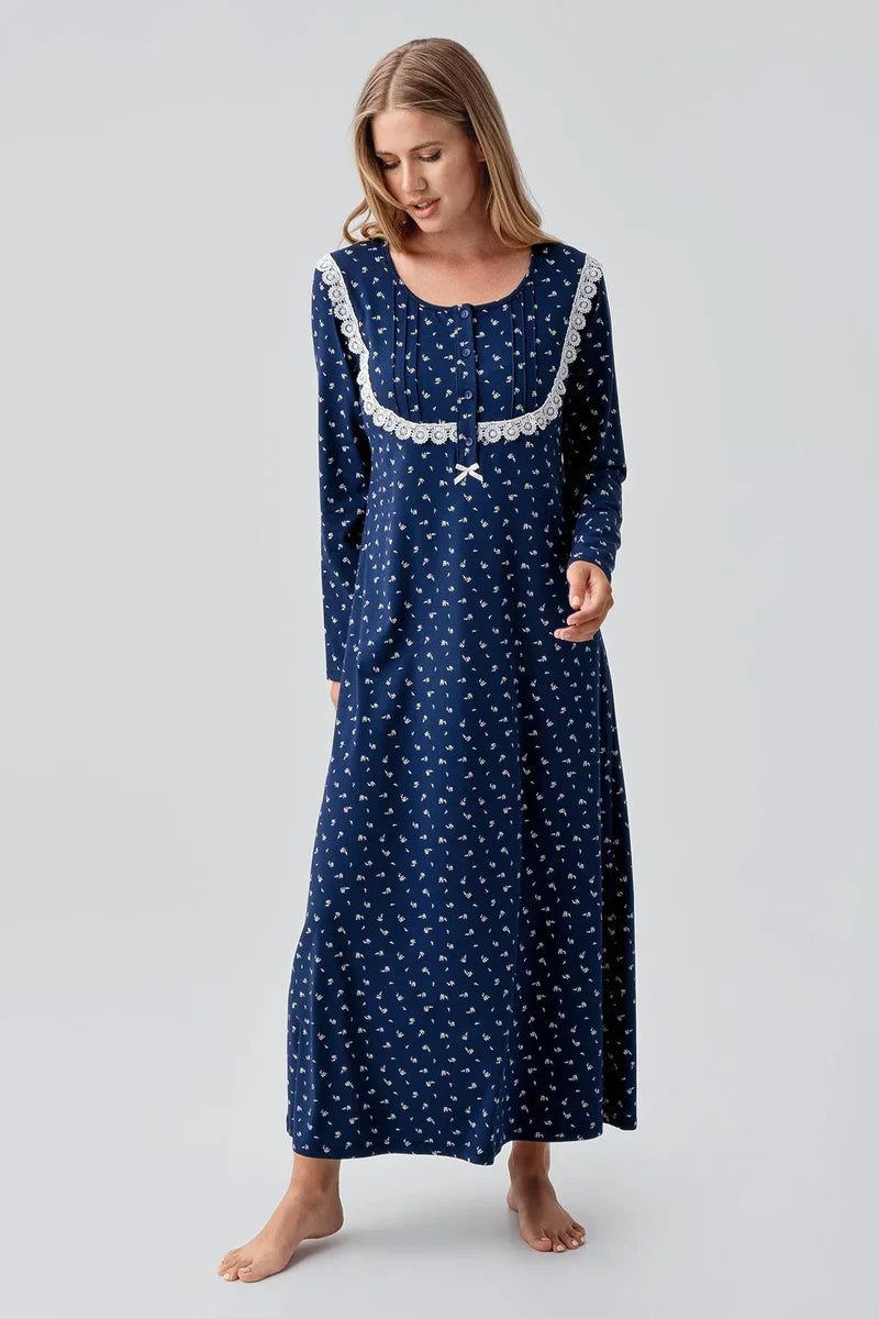 Women's Navy Blue Long-Sleeve Patterned Buttoned Flexible Cotton Nightgown