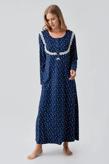 Women's Navy Blue Long-Sleeve Patterned Buttoned Flexible Cotton Nightgown