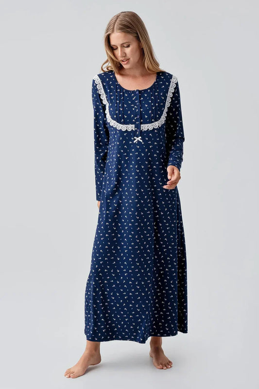 Women's Navy Blue Long-Sleeve Patterned Buttoned Flexible Cotton Nightgown