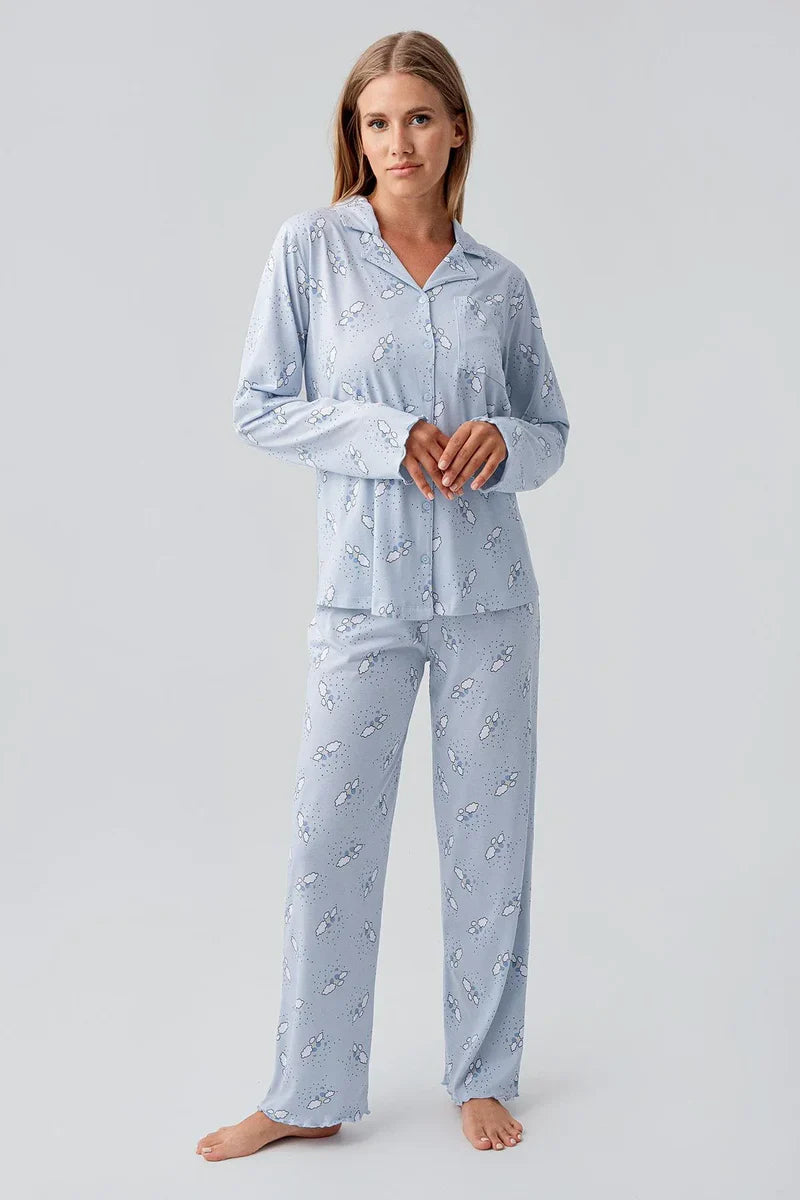 Long-Sleeve Patterned Buttoned Flexible Blue Cotton Maternity Pajama Set