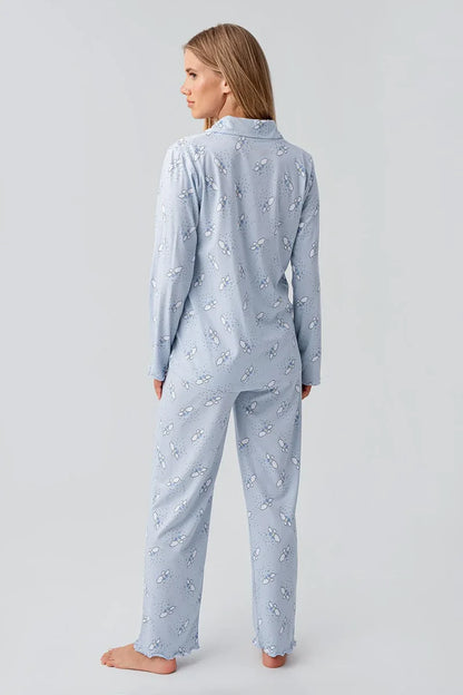 Long-Sleeve Patterned Buttoned Flexible Blue Cotton Maternity Pajama Set