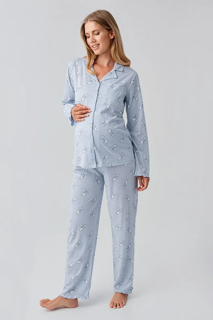 Long-Sleeve Patterned Buttoned Flexible Blue Cotton Maternity Pajama Set