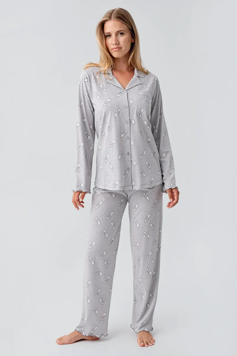 Long-Sleeve Patterned Buttoned Flexible Gray Cotton Maternity Pajama Set