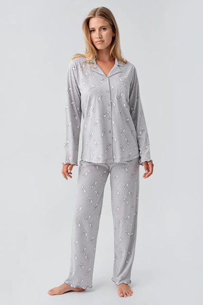 Long-Sleeve Patterned Buttoned Flexible Gray Cotton Maternity Pajama Set