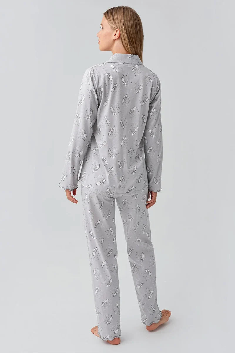 Long-Sleeve Patterned Buttoned Flexible Gray Cotton Maternity Pajama Set