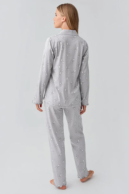 Long-Sleeve Patterned Buttoned Flexible Gray Cotton Maternity Pajama Set
