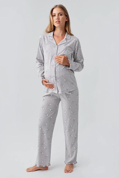 Long-Sleeve Patterned Buttoned Flexible Gray Cotton Maternity Pajama Set