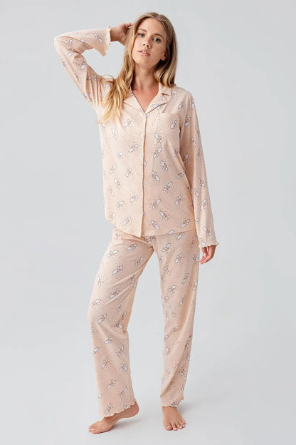 100% Turkish Cotton Long-Sleeve Patterned Buttoned Maternity Pajama Set for Women - Salmon