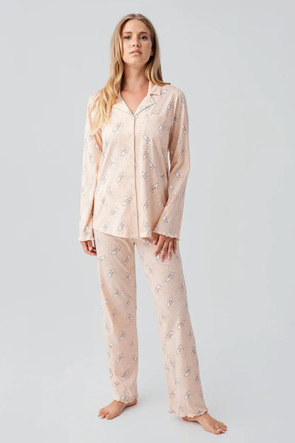 100% Turkish Cotton Long-Sleeve Patterned Buttoned Maternity Pajama Set for Women - Salmon