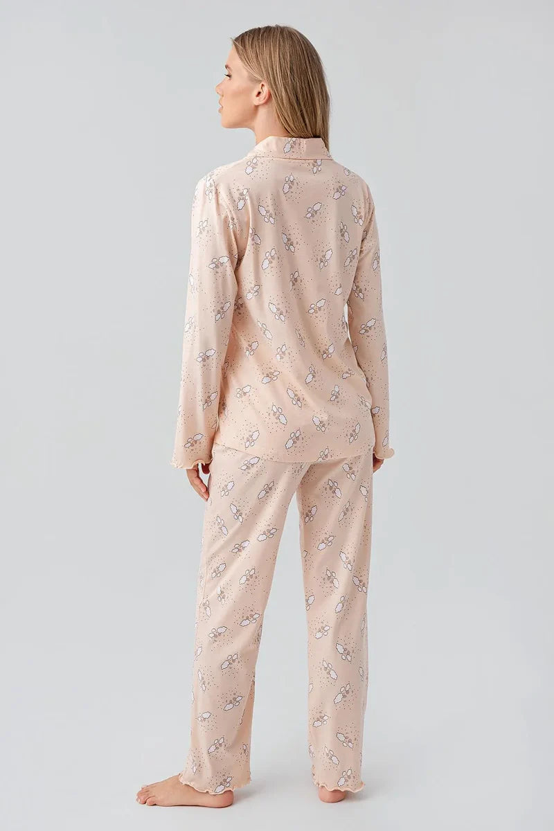 100% Turkish Cotton Long-Sleeve Patterned Buttoned Maternity Pajama Set for Women - Salmon