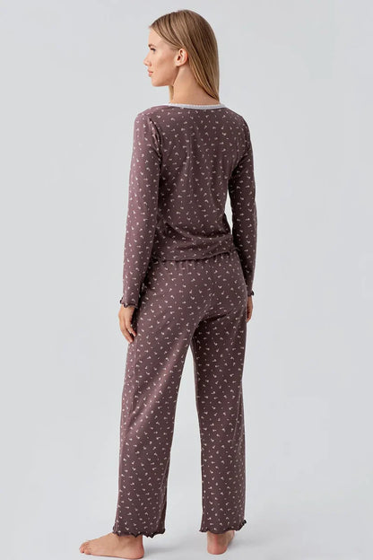 Comfortable Cotton Pajama Set for Women Long-Sleeve Patterned Buttoned - Brown