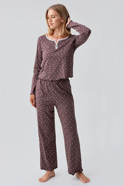 Comfortable Cotton Pajama Set for Women Long-Sleeve Patterned Buttoned - Brown