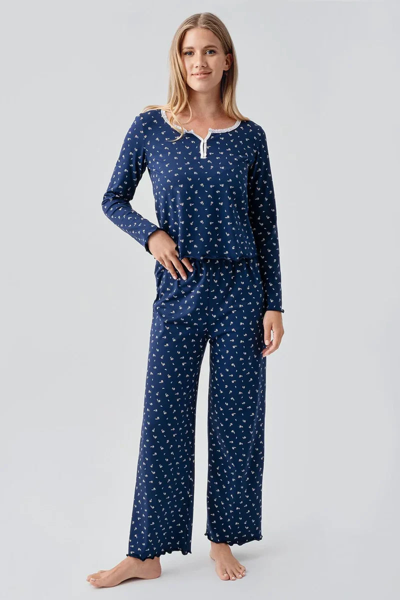 Women's Navy Blue Long-Sleeve Patterned Buttoned Flexible Cotton Pajama Set