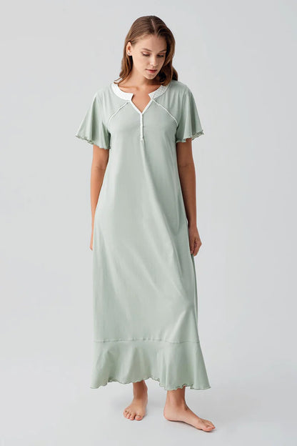 Women's Green Short-Sleeve Buttoned Long 100% Cotton Nightgown
