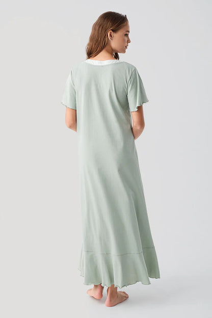 Women's Green Short-Sleeve Buttoned Long 100% Cotton Nightgown
