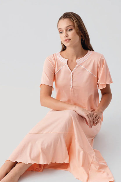 Women's 100% Cotton Long Nightgown Short-Sleeve Buttoned - Salmon