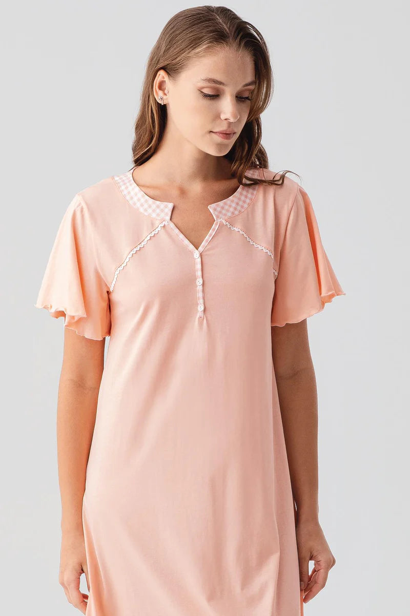 Women's 100% Cotton Long Nightgown Short-Sleeve Buttoned - Salmon