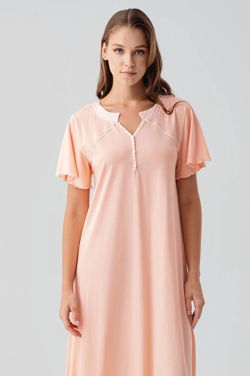 Women's 100% Cotton Long Nightgown Short-Sleeve Buttoned - Salmon