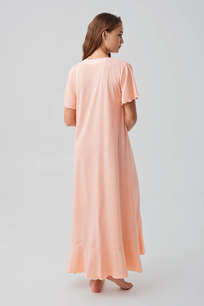 Women's 100% Cotton Long Nightgown Short-Sleeve Buttoned - Salmon
