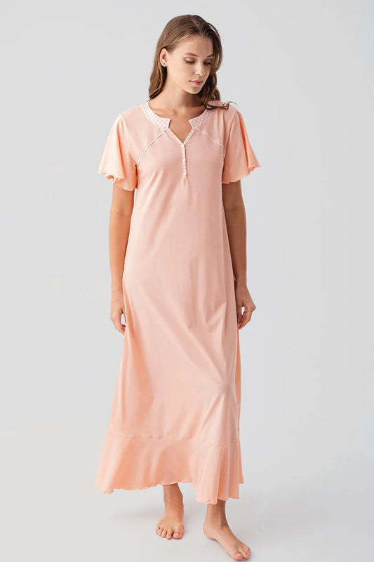Women's 100% Cotton Long Nightgown Short-Sleeve Buttoned - Salmon