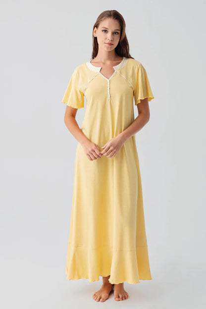 Women's 100% Cotton Nightgown Yellow Short-Sleeve Buttoned Long