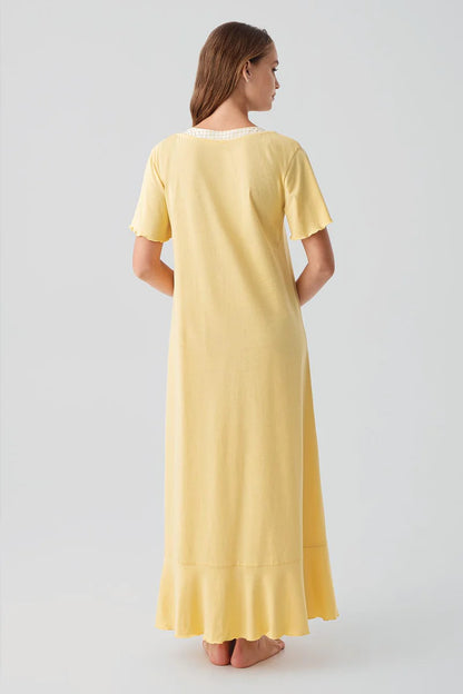Women's 100% Cotton Nightgown Yellow Short-Sleeve Buttoned Long