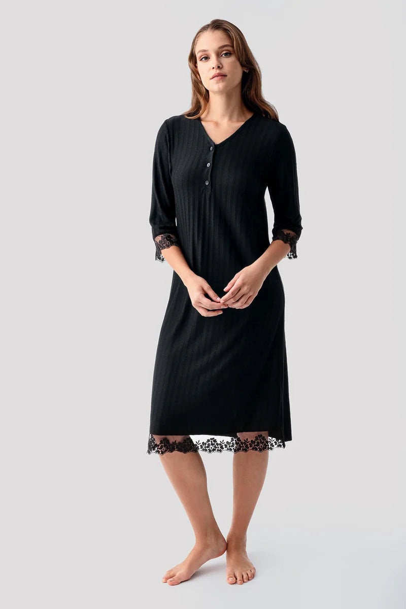 Women's Nightgown Black Long-Sleeve Lace-Detail Buttoned Flexible Viscose