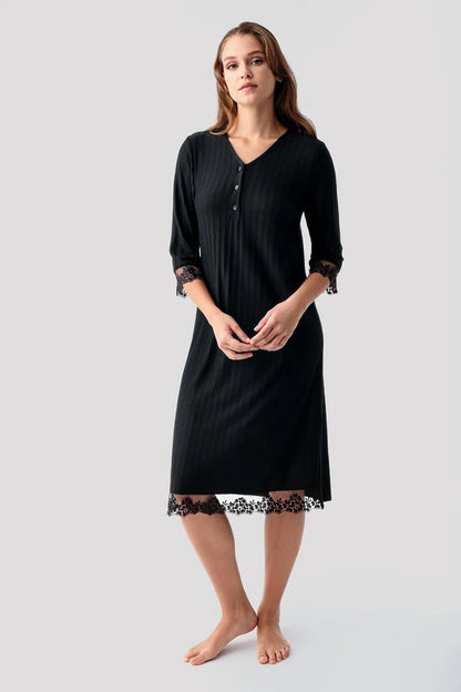Women's Nightgown Black Long-Sleeve Lace-Detail Buttoned Flexible Viscose