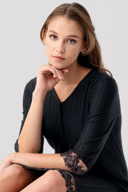 Women's Nightgown Black Long-Sleeve Lace-Detail Buttoned Flexible Viscose