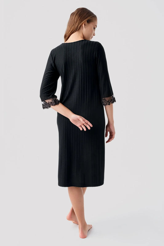 Women's Nightgown Black Long-Sleeve Lace-Detail Buttoned Flexible Viscose