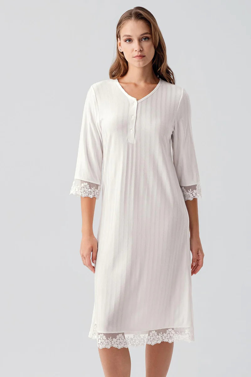 Women's Viscose Nightgown Ecru Long-Sleeve Lace-Detail Buttoned Flexible