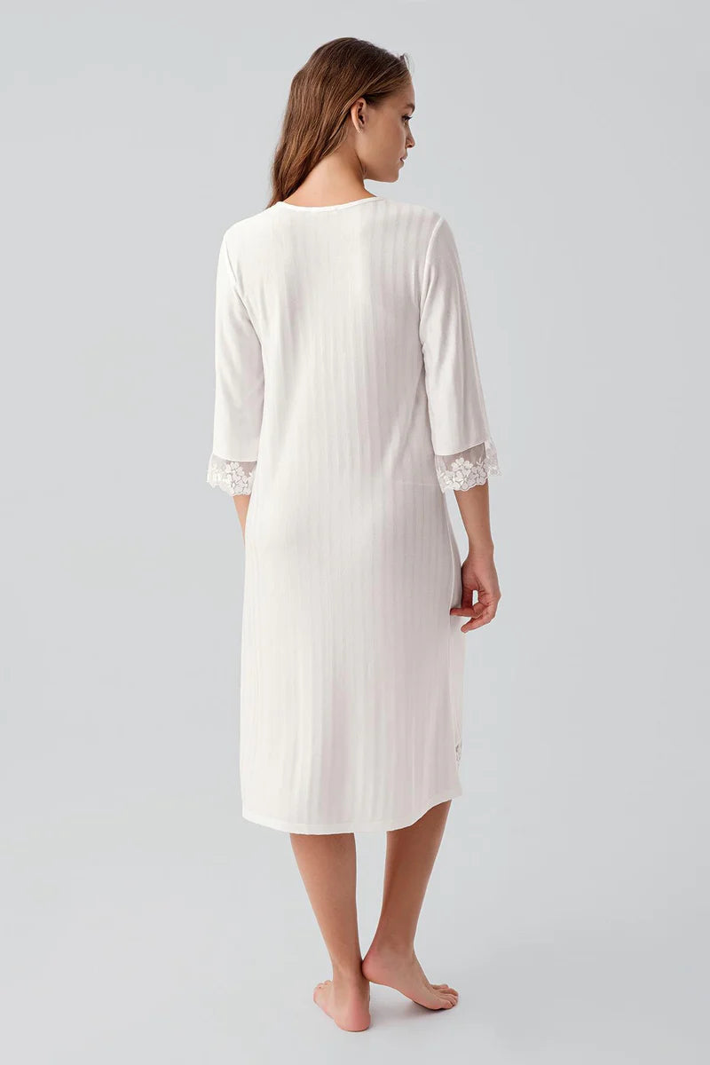 Women's Viscose Nightgown Ecru Long-Sleeve Lace-Detail Buttoned Flexible