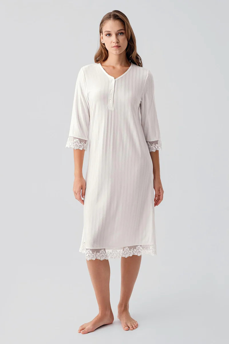 Women's Viscose Nightgown Ecru Long-Sleeve Lace-Detail Buttoned Flexible