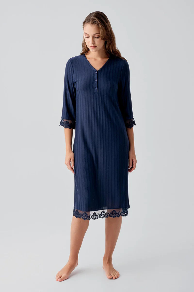 Viscose Nightgown for Women Navy Blue Long-Sleeve Lace-Detail Buttoned Flexible