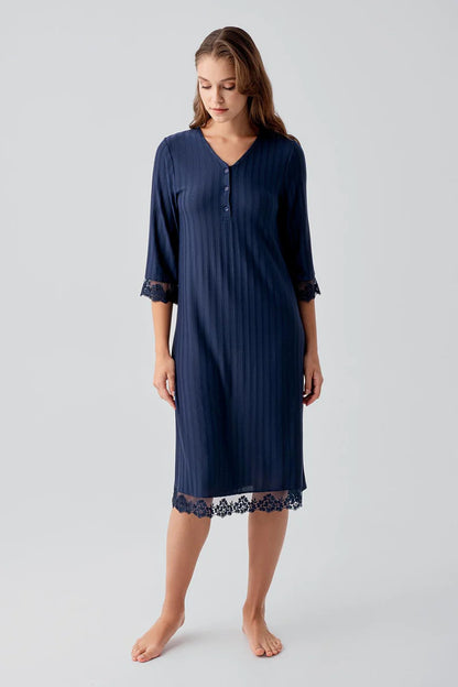 Viscose Nightgown for Women Navy Blue Long-Sleeve Lace-Detail Buttoned Flexible