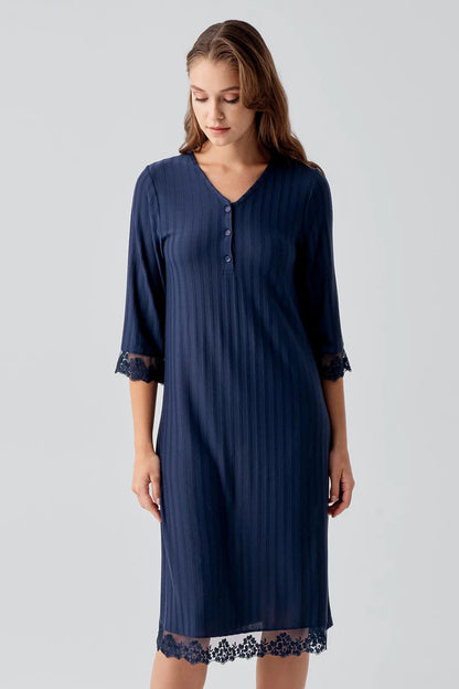 Viscose Nightgown for Women Navy Blue Long-Sleeve Lace-Detail Buttoned Flexible