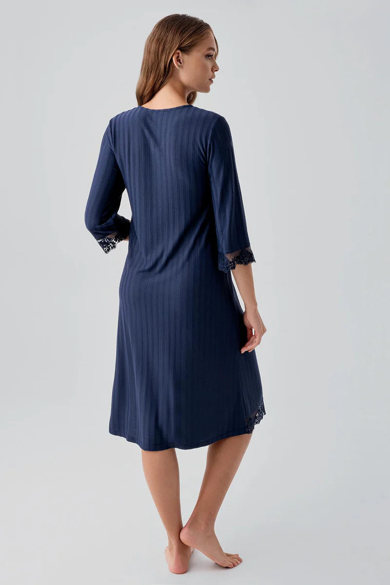 Viscose Nightgown for Women Navy Blue Long-Sleeve Lace-Detail Buttoned Flexible