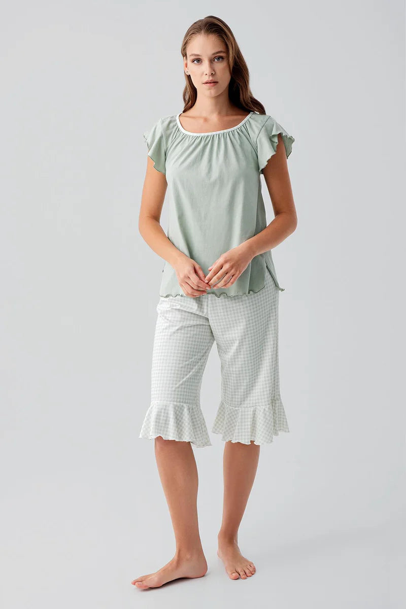 Women's Capri Pajama Set 100% Cotton Short-Sleeve Gingham Check Pattern - Green