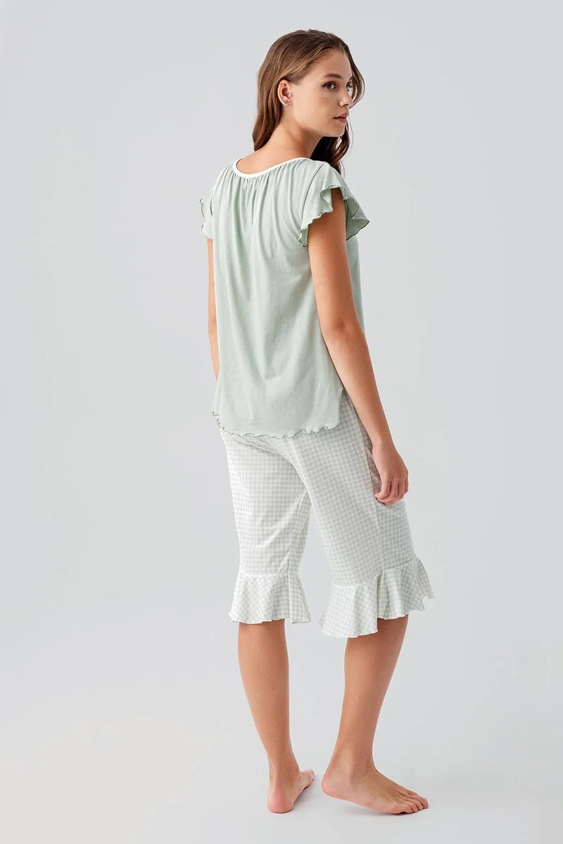 Women's Capri Pajama Set 100% Cotton Short-Sleeve Gingham Check Pattern - Green