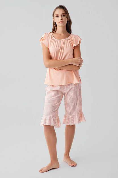 Women's 100% Cotton Capri Pajama Set Pink Short-Sleeve Gingham Check Pattern