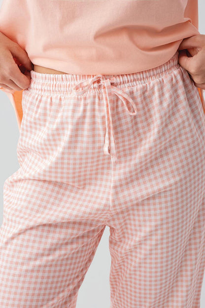 Women's 100% Cotton Capri Pajama Set Pink Short-Sleeve Gingham Check Pattern