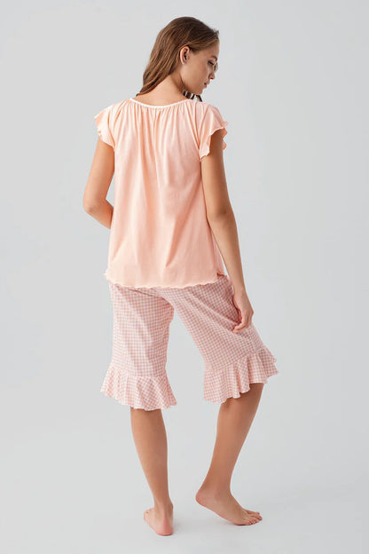 Women's 100% Cotton Capri Pajama Set Pink Short-Sleeve Gingham Check Pattern